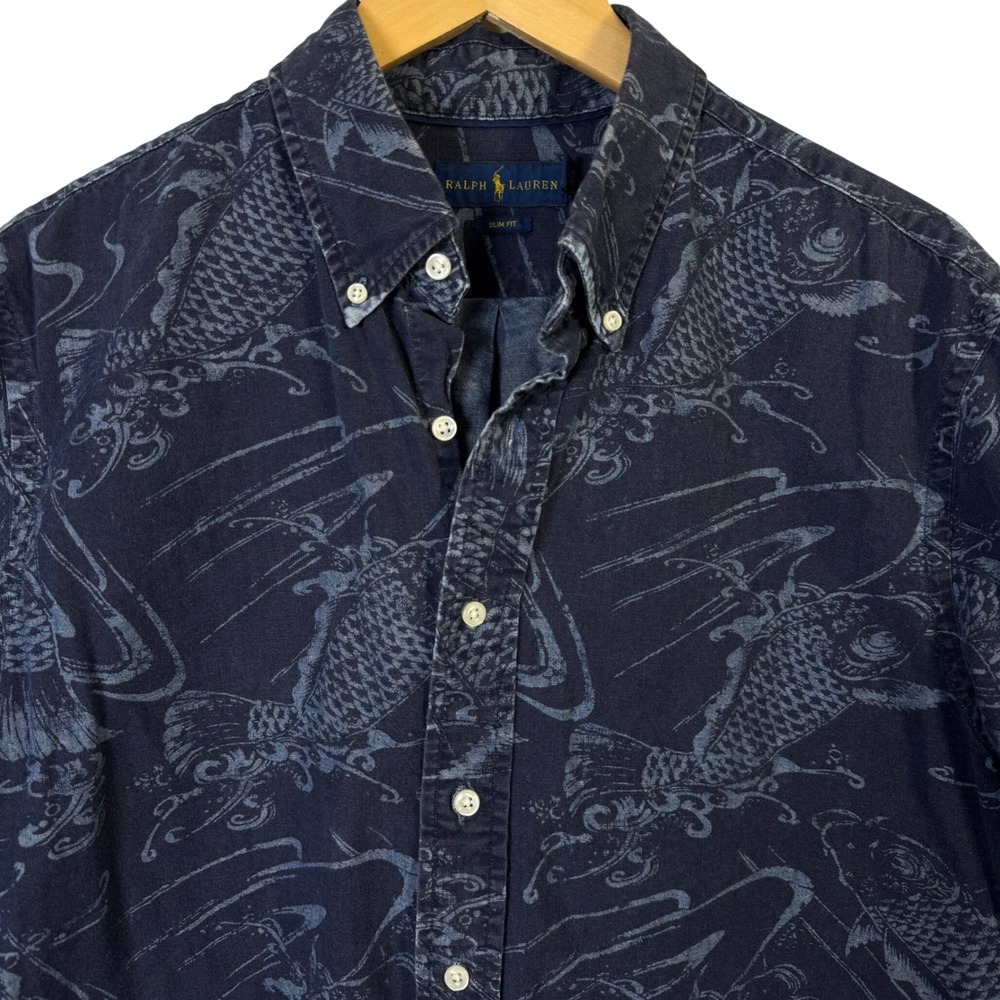 Ralph Lauren Mens XL Slim Fit Koi Fish Print Button Down Shirt Blue Short Sleeve - Picture 2 of 6